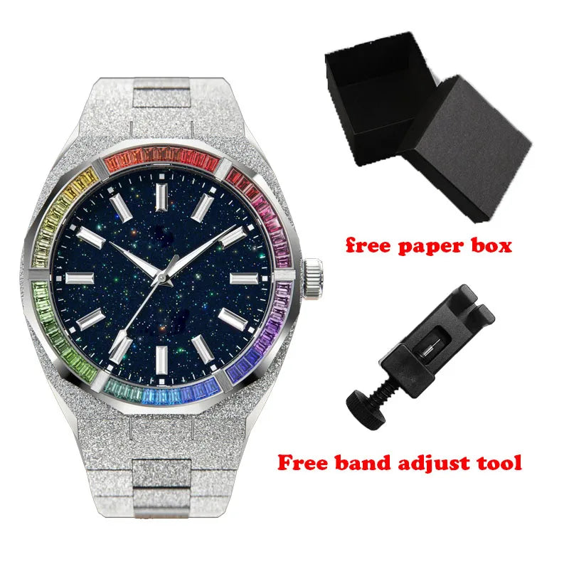 No Logo 42Mm Transparent Crystal Marker Star Dust Dial Hand-Set Rainbow Stone Bezel Frosted Men Quartz Watch