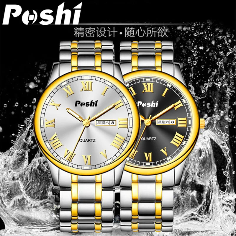 Men Watch Stainless Steel Top Quality Luxury Push Button Hidden Clasp Waterproof Luminous Date Week Sport Wrist Watches