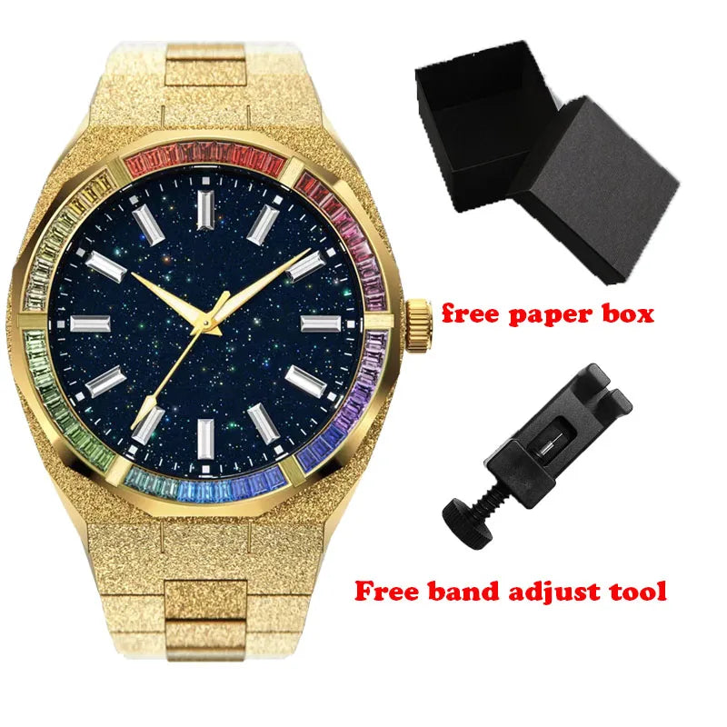 No Logo 42Mm Transparent Crystal Marker Star Dust Dial Hand-Set Rainbow Stone Bezel Frosted Men Quartz Watch