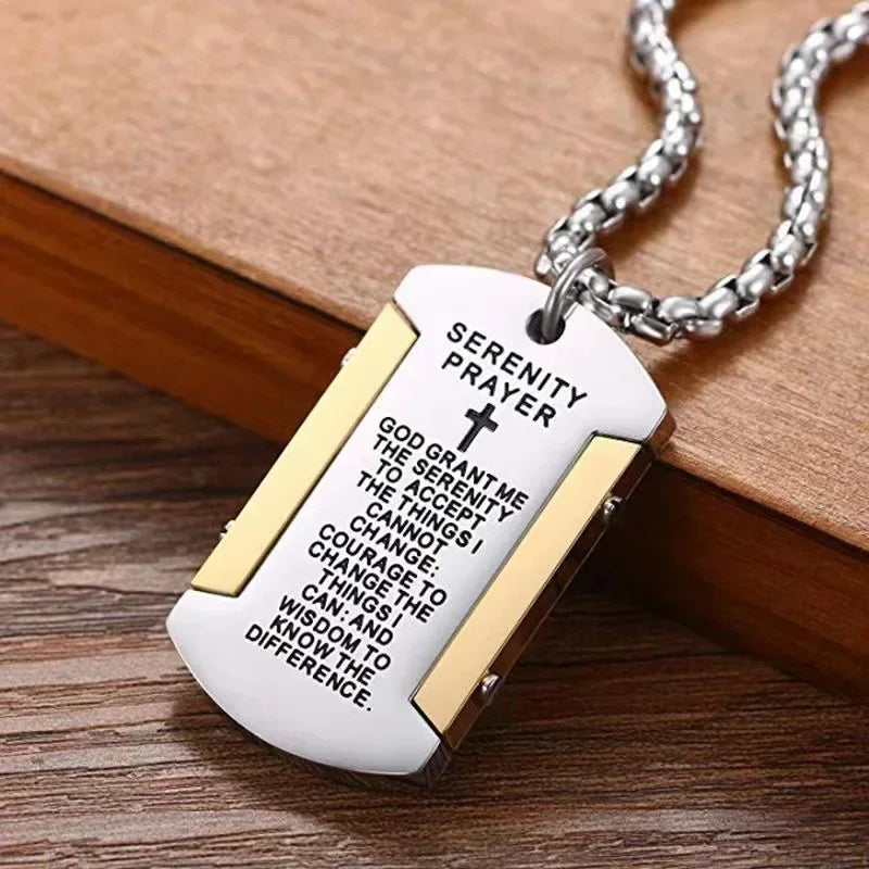 Retro Bible Cross Men'S Necklace Stainless Steel Christianity Scripture Square Plate Pendant Religious Men Jewelry Gift