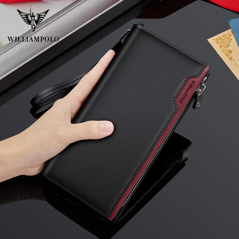 Brand Business Men Wallet Long Genuine Leather Clutch Wallet Purse Male Top Quality Soft Cowhide Handmade Coin Pouch