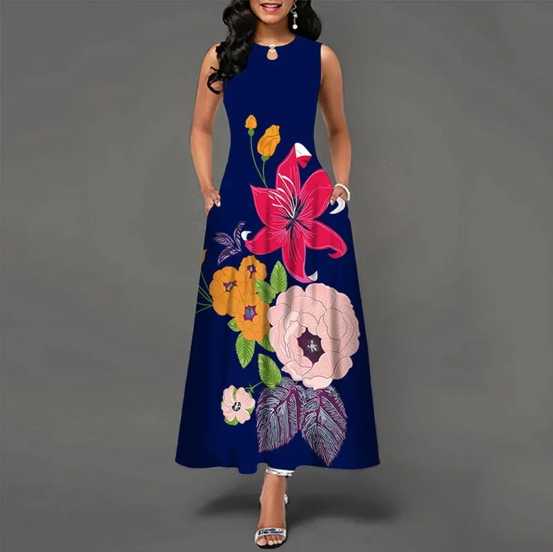 Flower Print New Casual Sleeveless Long Dress Women'S V-Neck Printed Dress Swing Bohemian Retro Dresses