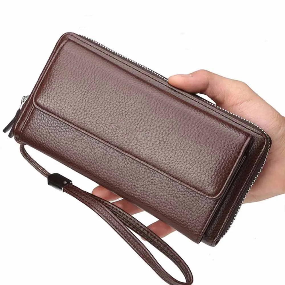 Fashion New PU Leather Men Clutch Wallets Zipper Large Capacity Hand Strap Men Wallet Luxurious Business Solid Male Purses