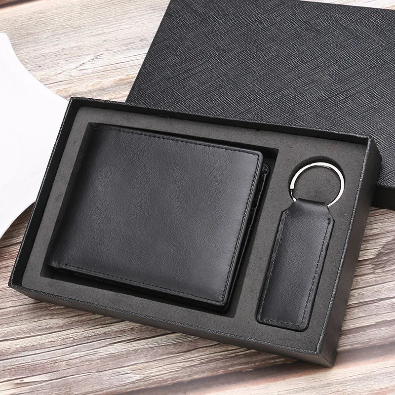 Hot Selling Customized Letters Genuine Leather Men Wallet Bifold Money Wallet Purse Keychain Gift Set with Box