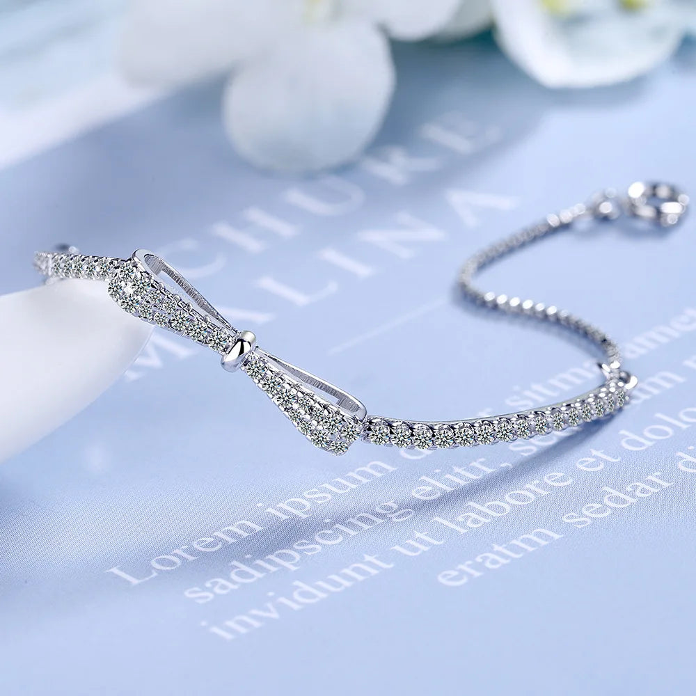 Hot Sale Fashion Silver Color Bracelet Chain Bownot Inlaid Zircon Plata Pendant Bracelet Chain for Women'S Wedding Jewelry Gift