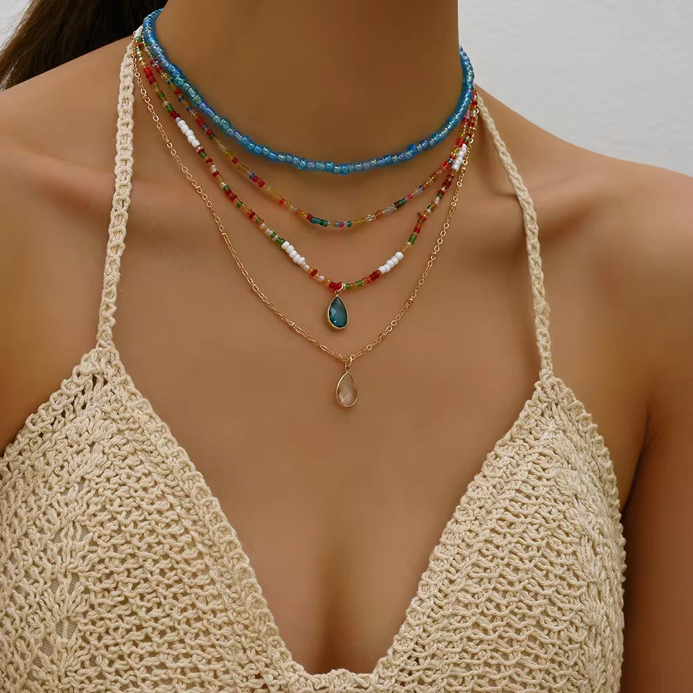 Bohemian Multilayer Handmade Beads Chain Fashion Necklaces Tassels Colorful Crystal Pendant Jewelry for Women Accessories X0180