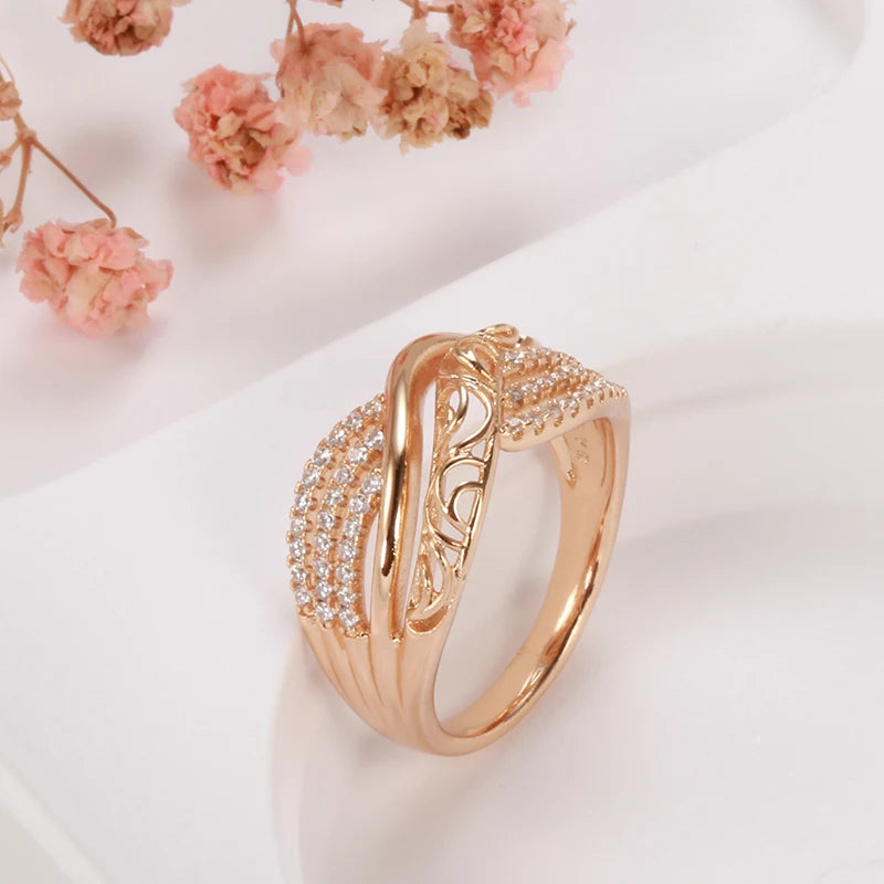 Hot Luxury 585 Rose Gold Ethnic Bride Wedding Ring Hollow Flower Natural Zircon Women Rings Trend Daily Vintage Jewelry