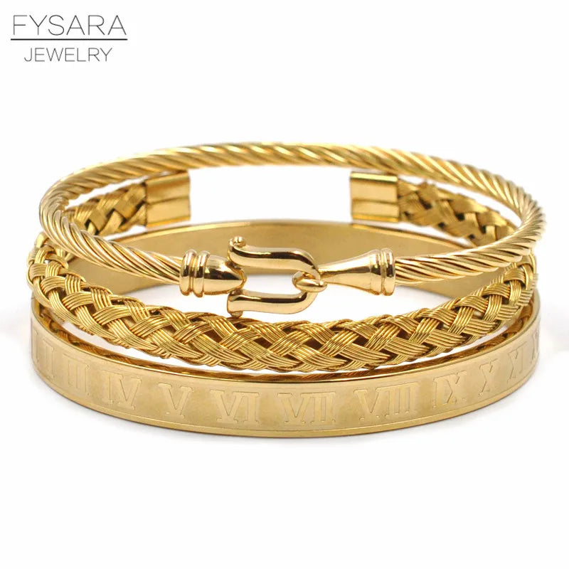 3Pcs/Set Royal Roman Bracelets & Bangles Cable Wire Woven Bangles for Men Stainless Steel Men Jewelry Accessories