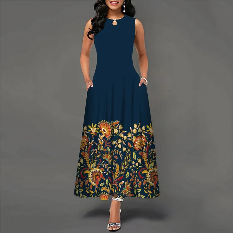 Flower Print New Casual Sleeveless Long Dress Women'S V-Neck Printed Dress Swing Bohemian Retro Dresses