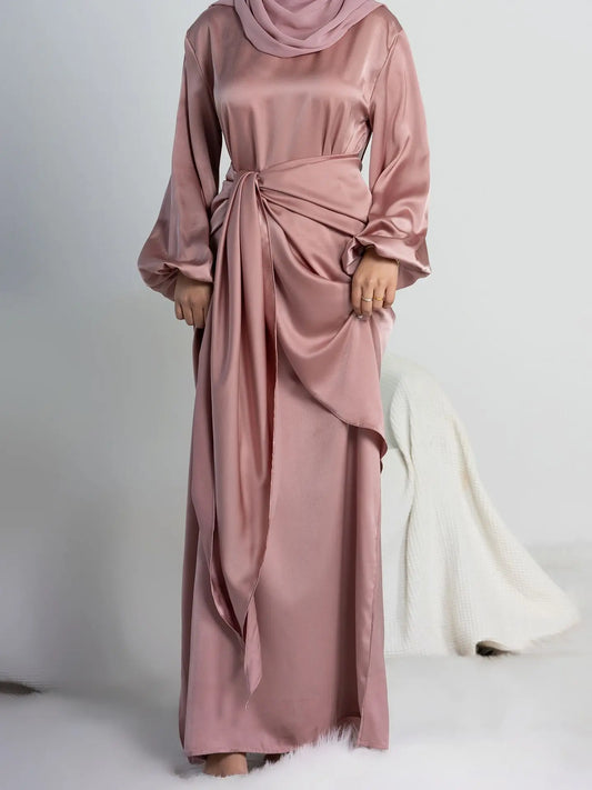 Ramadan Eid Shinytwo Pieces Sets Djellaba Muslim Dress Dubai Fashion Glossy Satin Abaya Muslim Robes Islam Robe WY1294