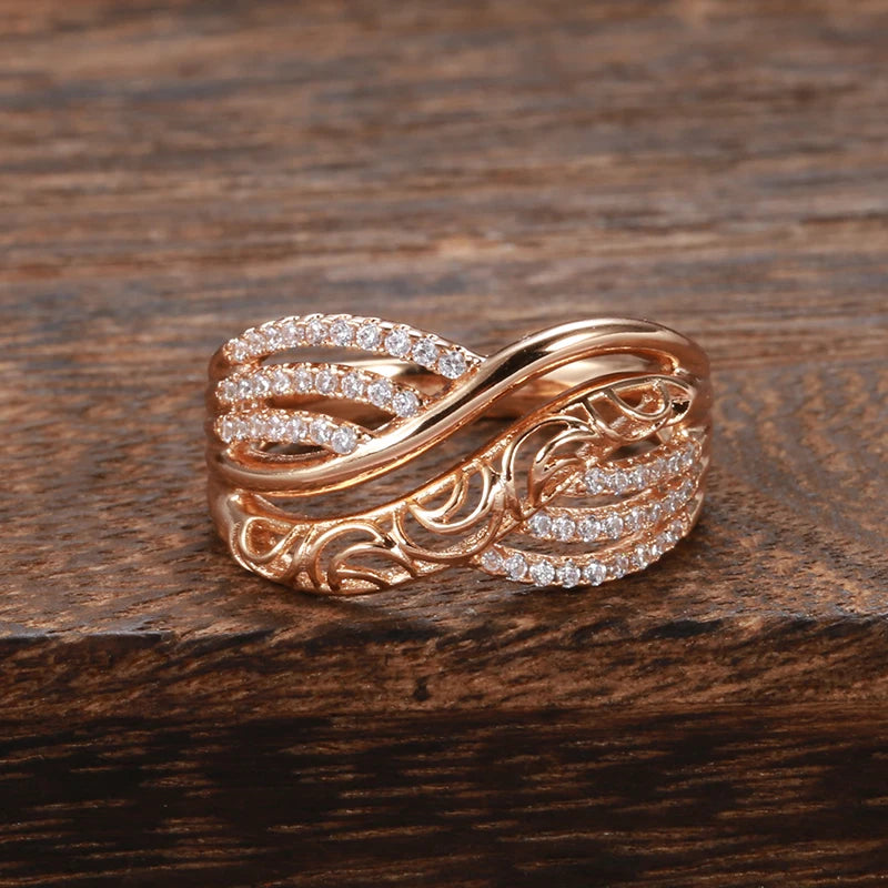 Hot Luxury 585 Rose Gold Ethnic Bride Wedding Ring Hollow Flower Natural Zircon Women Rings Trend Daily Vintage Jewelry