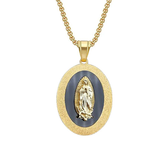 Virgin Mary Pendant Necklace Stainless Steel Men Christian Jewelry Lady of Guadalupe Miraculous Oval Medal Necklace