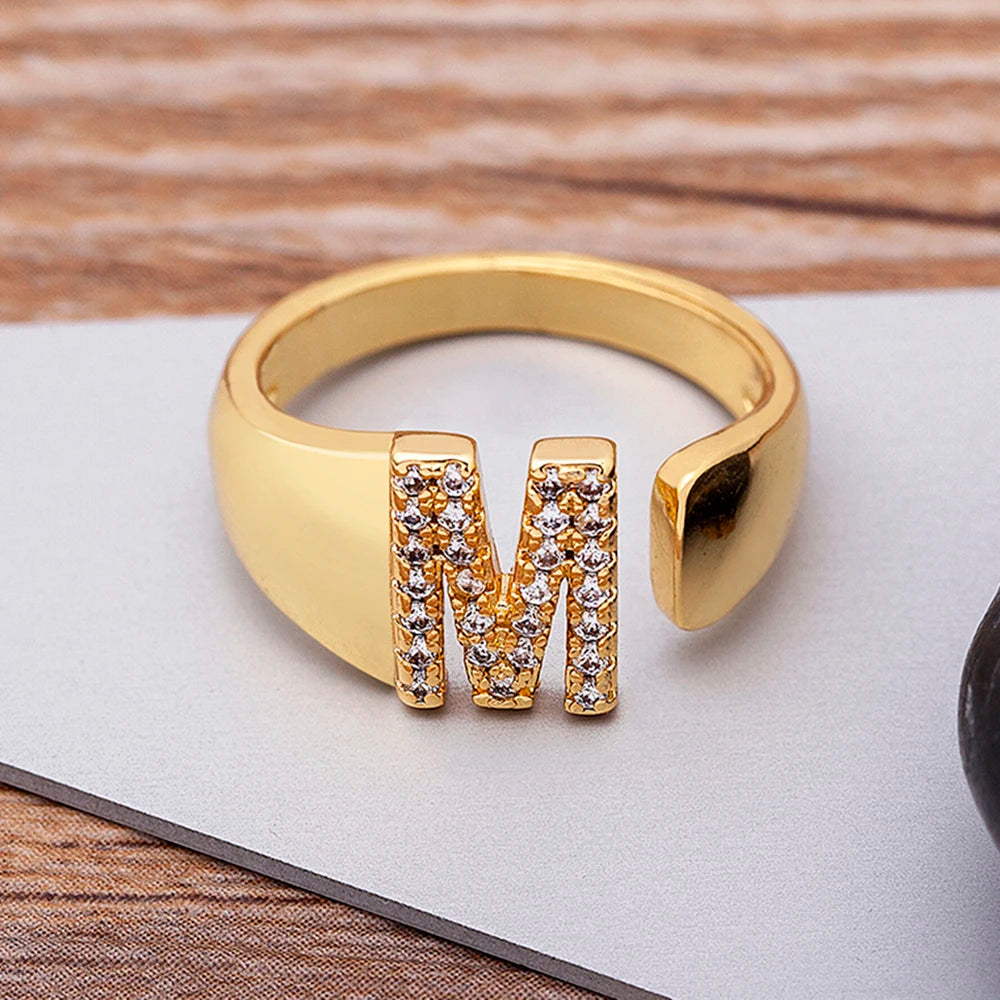 New Fashion A-Z Letter Gold Color Metal Adjustable Opening Ring Initials Name for Women Finger Rings Party Crystal Jewelry