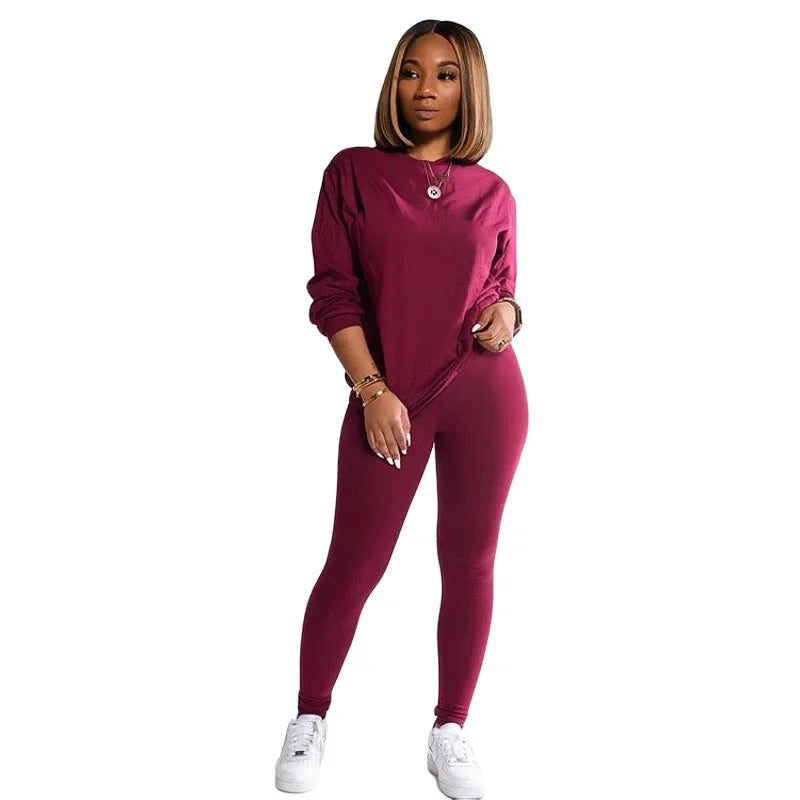 Active Sweatsuit Two 2 Piece Set Women Winter Fitness Outfit Crewneck Sweatshirt + Legging Pants Matching Tracksuit