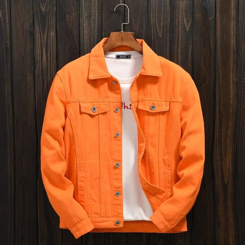 HOO 2024 Men'S Autumn Orange Lapel Denim Jacket Teenagers Drop Shoulders Loose Casual Denim Jacket