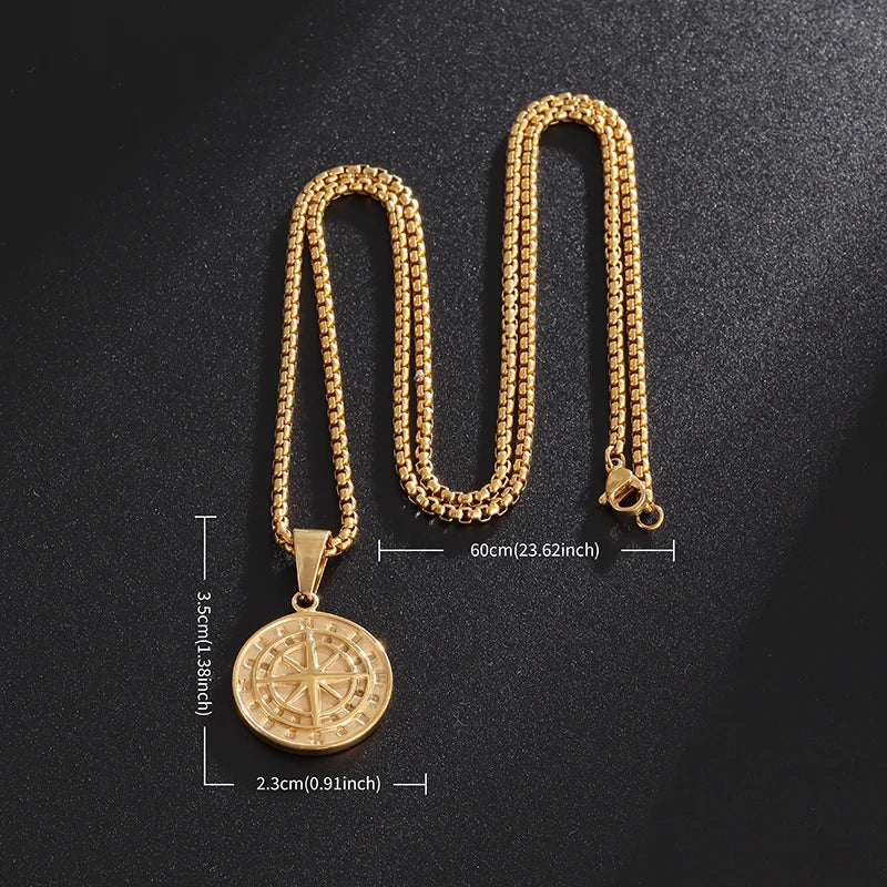 Vintage Compass Medal Pendant Stainless Steel Necklace Mens High Quality round Hip Hop Trend Jewelry Gifts Wholesale