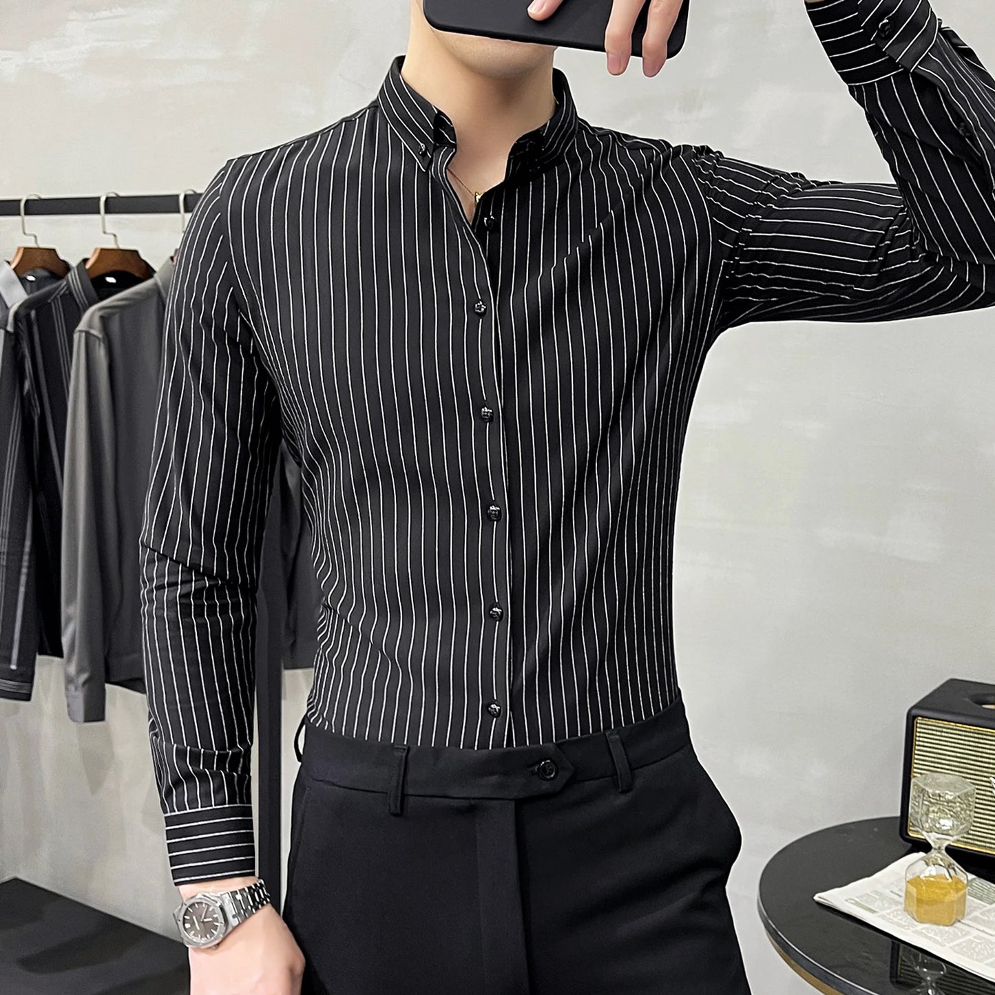 British Style Striped Shirts Mens Long Sleeve Business Formal Dress Shirt Casual Slim Fit Shirt Streetwear Social Party Clothing