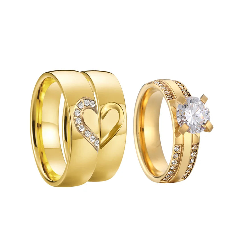 Proposal Wedding Engagement Rings Set for Men and Women Golden Heart Lovers Alliance 3Pcs Promise Couple Ring Marriage