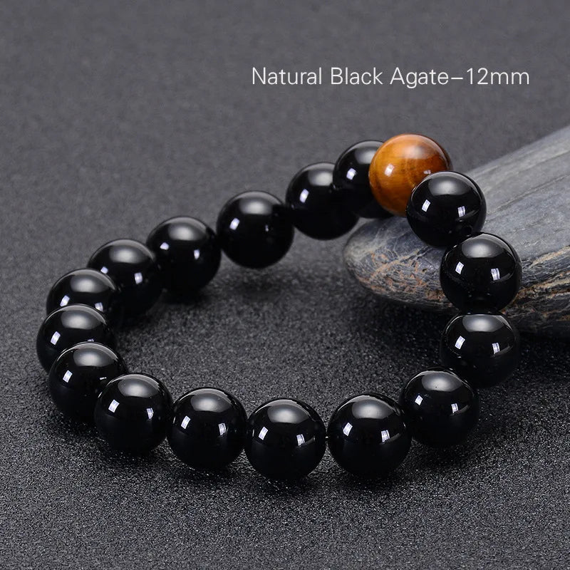 Natural Black Onyx with Tiger Eye Stone Beads Men Jewelry Bracelet 12 Constellation Leo Lovers Energy Balance Bracelet