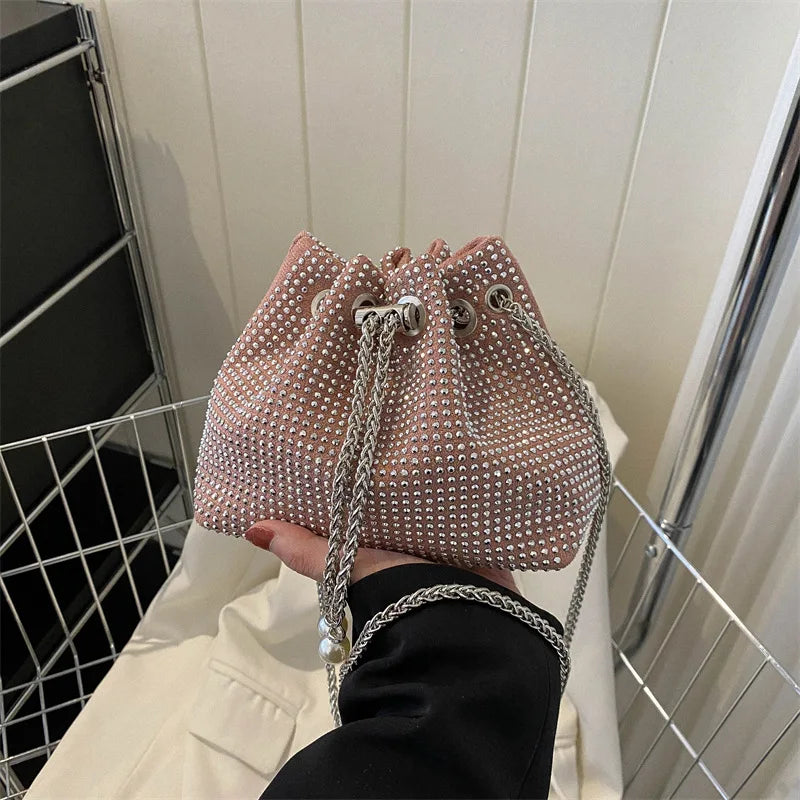 Women Fashion Diamonds Rhinestone Bucket Bags Retro Pearl Chain Ladies Shoulder Bags Shiny Small Crossbody Bags Female Handbags