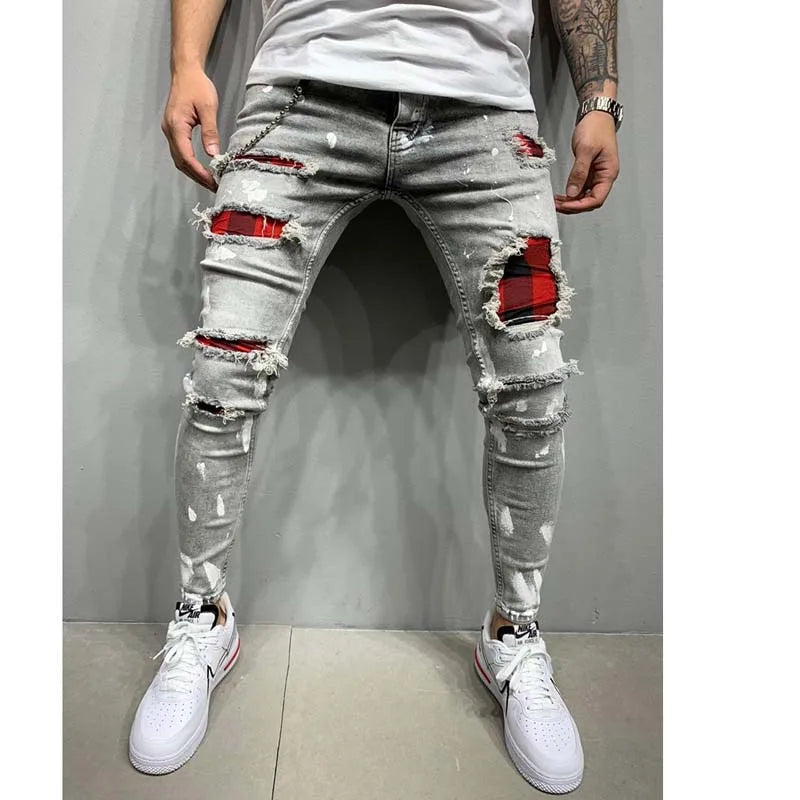 Men'S Ripped Skinny Jeans Patchwork Grid Stretch Casual Denim Pencil Pants Man Fashion Paint Painting Jogging Trousers Male