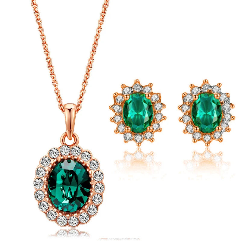 2022 New Fashion Women'S Emerald Stone Pendant Necklace Earrings Set Female All-Match Jewelry Wholesale