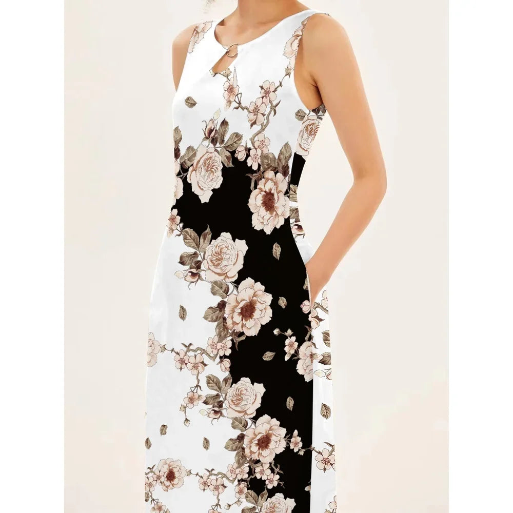 Flower Print New Casual Sleeveless Long Dress Women'S V-Neck Printed Dress Swing Bohemian Retro Dresses