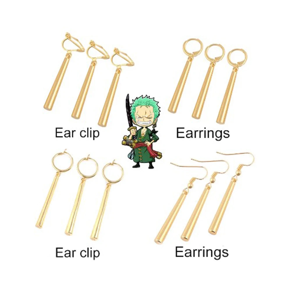 Anime One Piece Roronoa Zoro Cosplay Earrings Sauron Ear Clips Golden Pendant Hook Earrings for Women Men Jewelry 3Pcs/Set