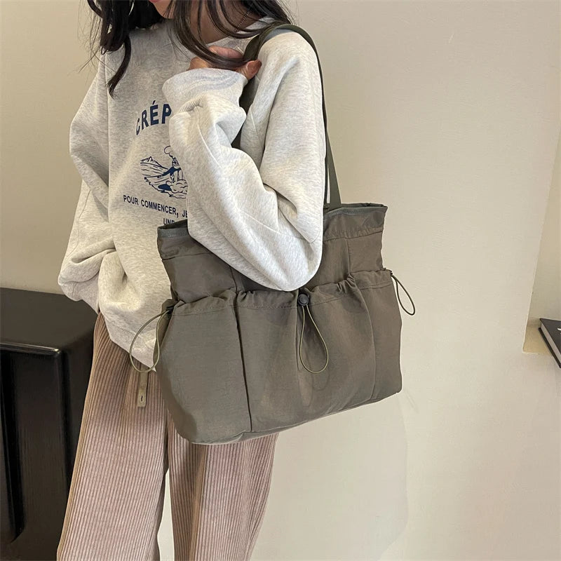 Women Drawstring Tote Bag All-Match Nylon Shoulder Bag Large Capacity Underarm Bag Casual Satchel Bag Shopper Bag