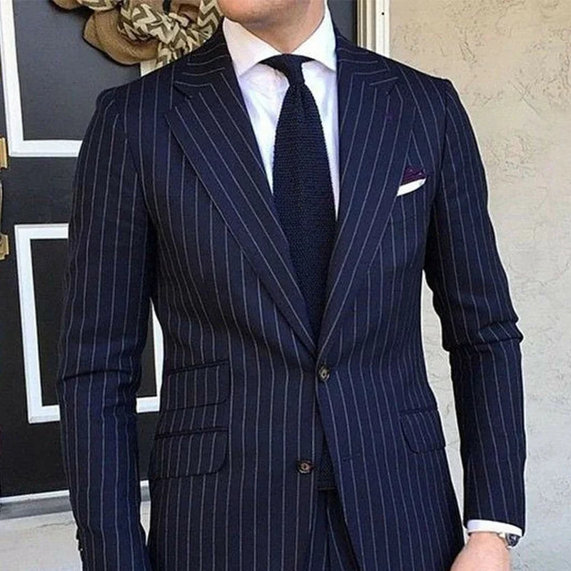 Pinstripe Slim Fit Men Suits for Formal Wedding Tuxedo Notched Lapel 2 Pcs Navy Blue Striped Business Groom Male Fashion