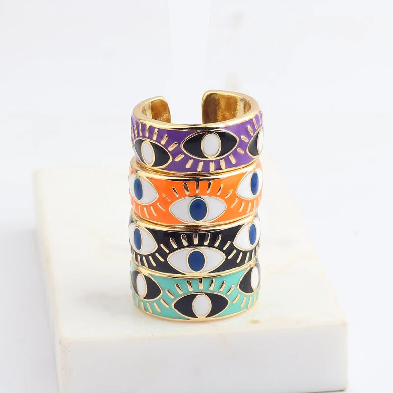 Colorful Enamel Cute Turkish Evil Eye Open Ring for Women Adjustable Gold Plated Eternity Band Finger Ring Jewelry Drop Shipping