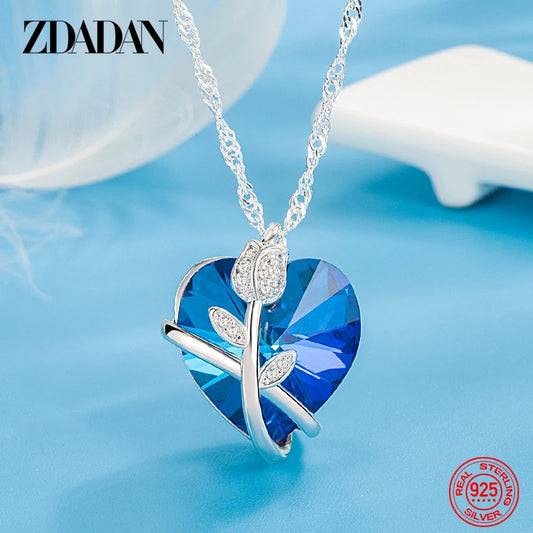 925 Sterling Silver Rose Flowers Blue Heart Crystal Necklace for Women Fashion Jewelry