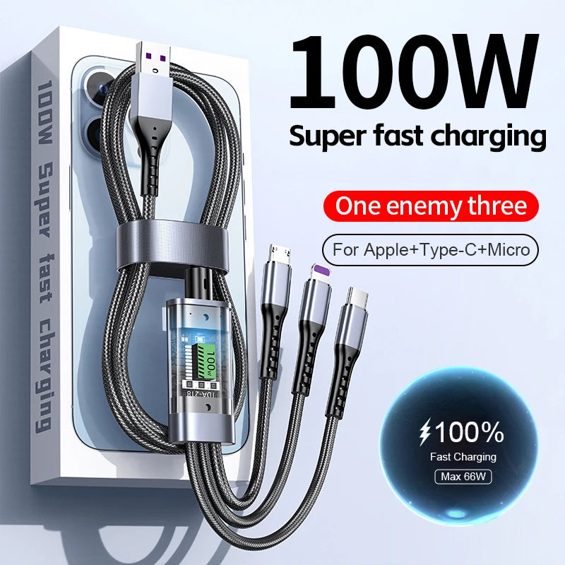 100W 3 in 1 Transparent Fast Charging Cable Type C Usb Micro for Iphone Samsung Huawei Xiaomi Pilot Lamp Charger Usb C 6A