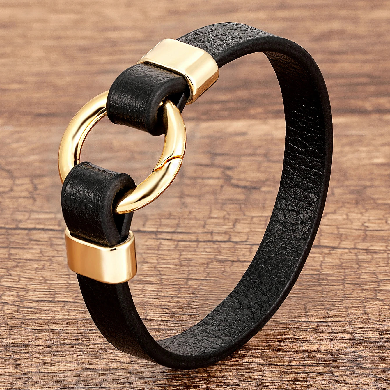 Trendy Genuine Leather Men'S Jewelry Gold Color Metal round Spring Clasp Simple Leather Rope Bracelet for Women Male Gifts