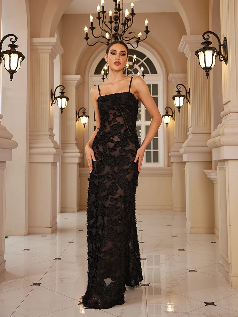 Black Spaghetti Strap Christmas Dress Sexy See through Elegant and Beautiful Women Dress Appliques Maxi Formal Dress