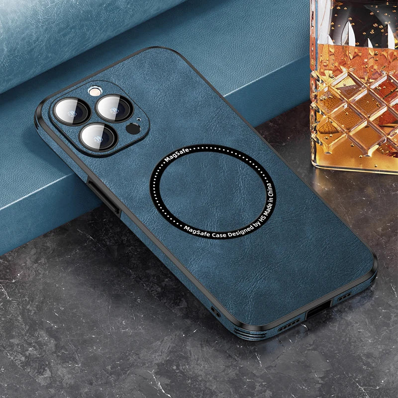 Luxury Magnetic Leather Phone Case for  14 13 12 11 15 Pro Max Mobile Cover Magsafe Lens Protection Wireless Charging