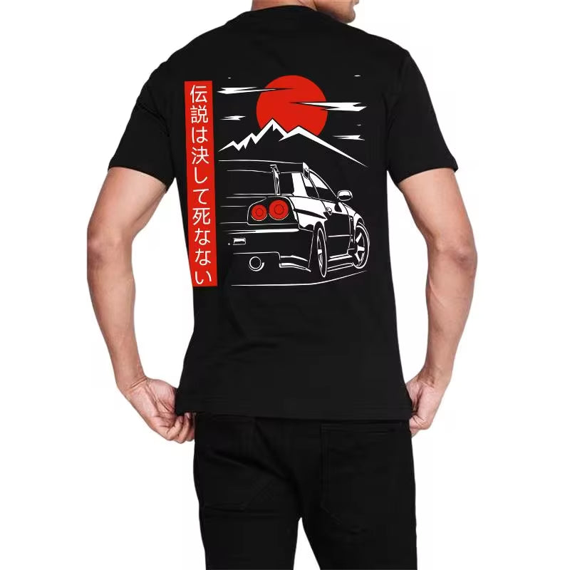 Japanese Style Car JDM Culture GTR Racing T Shirts Back Print Street Wear Original Design Oversized 100% Cotton Tops Tee Homme