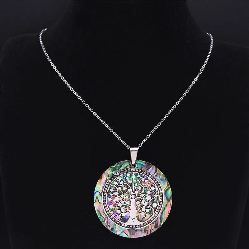 Tree of Life Crystal Stainless Steel Chain Necklaces Women Silver Color Big Necklaces Pendants Jewelry Collar Mujer NXS04