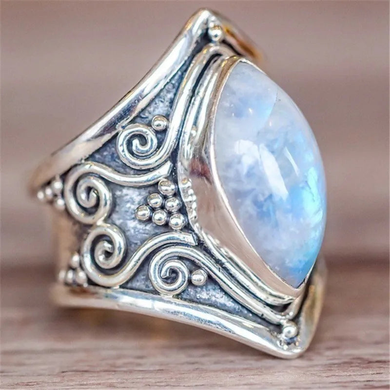 Vintage Tibetan Silver Big Healing Crystal Bohemia Rings for Women Boho Antique Indian Moonstone Ring Jewelry Girls Ladies Gifts