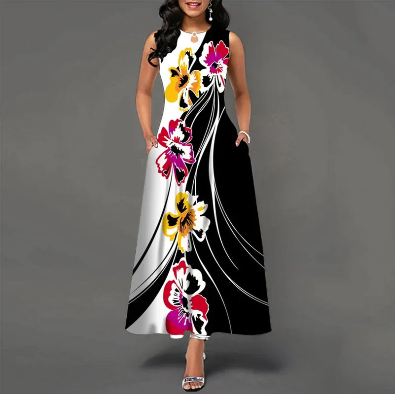 Flower Print New Casual Sleeveless Long Dress Women'S V-Neck Printed Dress Swing Bohemian Retro Dresses