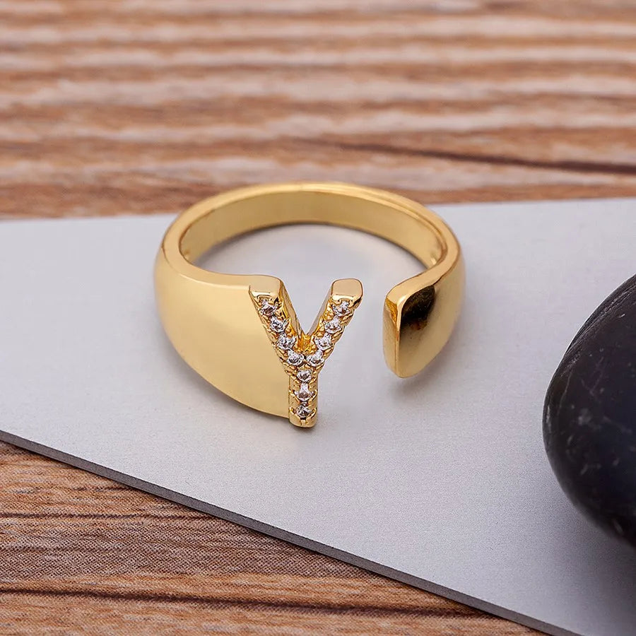 New Fashion A-Z Letter Gold Color Metal Adjustable Opening Ring Initials Name for Women Finger Rings Party Crystal Jewelry