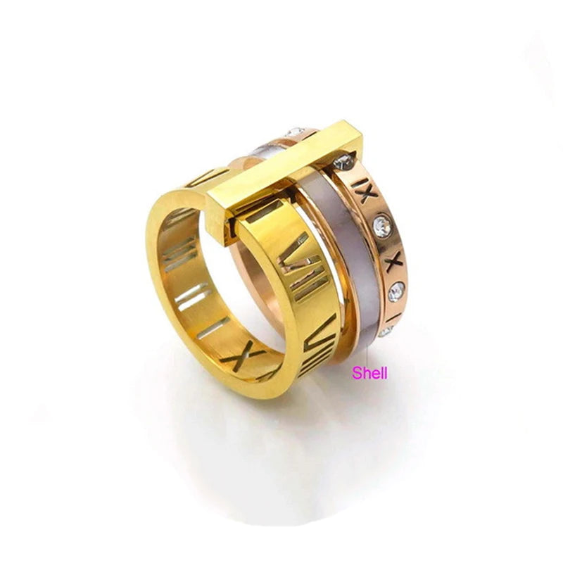 Trendy Shell Stainless Steel Rings for Women Girls Three Layers Roman Numerals Rhinestone Bridal Wedding Women Rings Jewelry