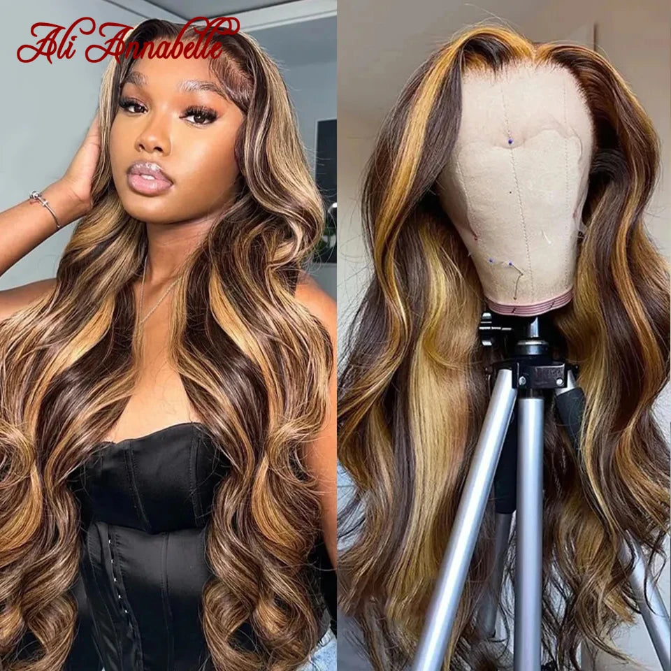 Honey Blonde Highlight Wigs Ombre Brown Body Wave Human Hair Wigs Ali Annabelle 4X4 Closure 13X4 Lace Frontal Human Hair Wigs