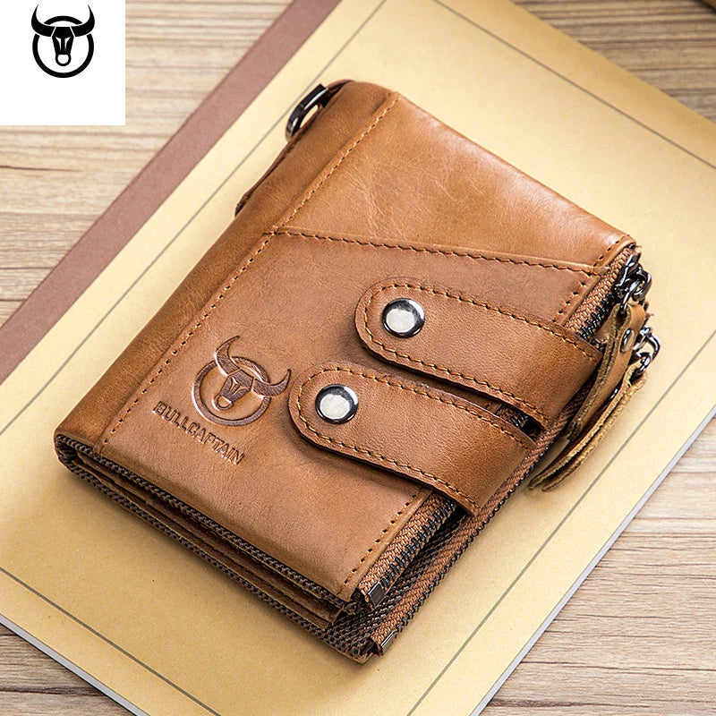 Quality Genuine Leather Men Wallet Brand Zipper Man Purse Vintage Cow Leather Male Card Coin Bag with Iron Chain