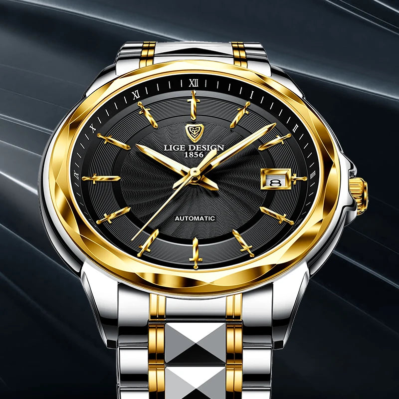 New Mechanical Watch Men Personality Gold Fashion Tungsten Steel Business Men Watch 50M Waterproof Automatic Watch Man+Box