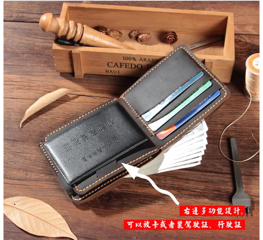 Handmade Vintage Crazy Horse Genuine Leather Wallet Men Purse Leather Men Wallet Short Style Male Money Holder Coin Bag WF206