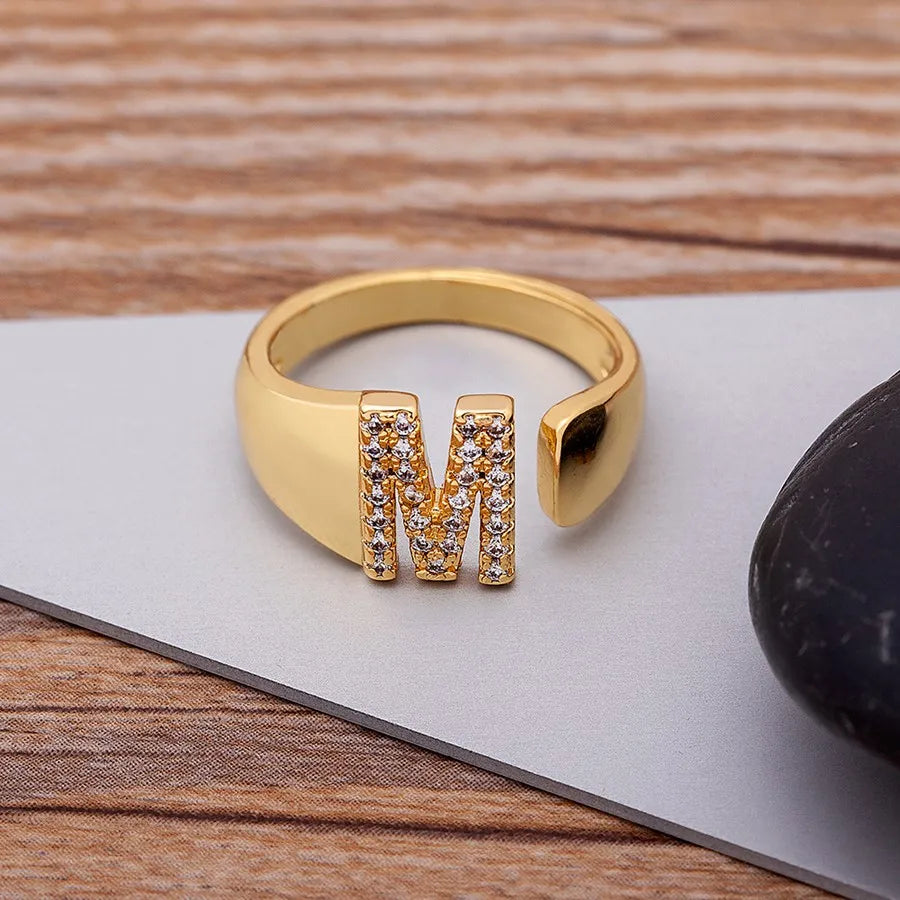 New Fashion A-Z Letter Gold Color Metal Adjustable Opening Ring Initials Name for Women Finger Rings Party Crystal Jewelry