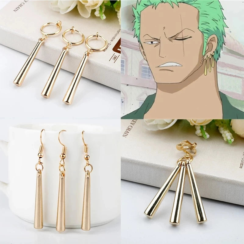 Anime One Piece Roronoa Zoro Cosplay Earrings Sauron Ear Clips Golden Pendant Hook Earrings for Women Men Jewelry 3Pcs/Set