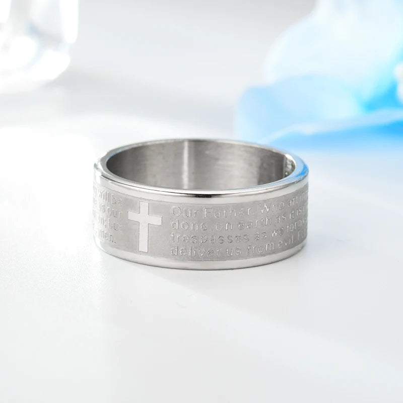 8Mm Titanium Stainless Steel English Letter Lord'S Prayer Ring Men'S Bible Cross Rings for Women Men Jesus Christian Jewelry