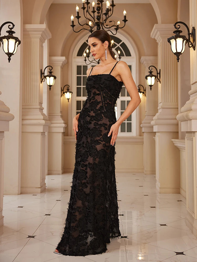 Black Spaghetti Strap Christmas Dress Sexy See through Elegant and Beautiful Women Dress Appliques Maxi Formal Dress